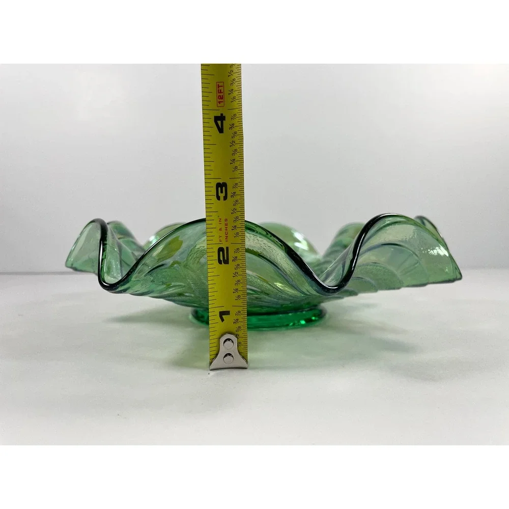 Vtg Imperial Carnival Glass Green Iridescent Pansy Ruffle Bowl Retro